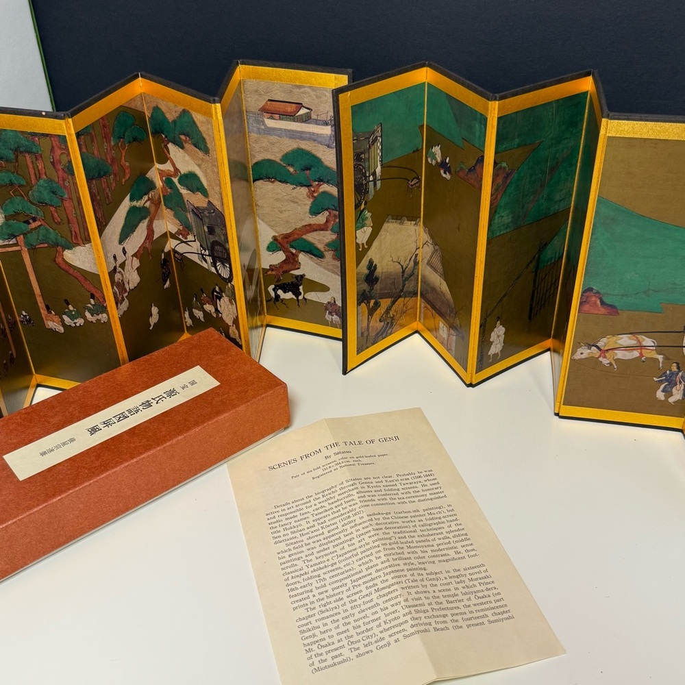 Scenes from the Tales of Genji Asian 6 Fold Tabletop Screens - set of 2
